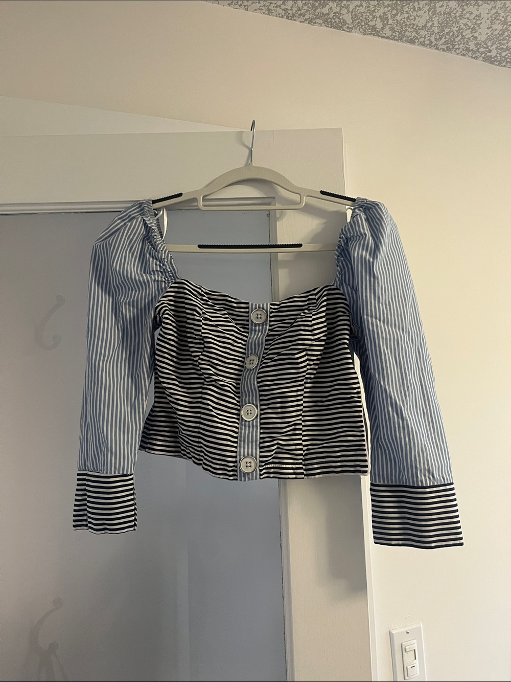 Striped Off-Shoulder Button Front Blouse in Blue and Black